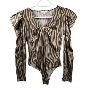 New Entro Zebra Print Bodysuit Women's Large Brown Tan Puff Sleeve V-Neck Animal